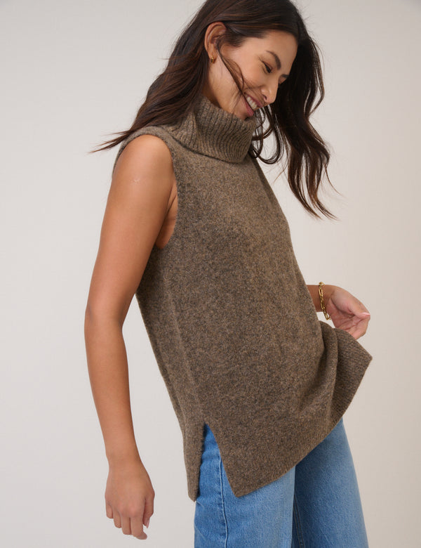Brown Roll Neck Knitted Vest