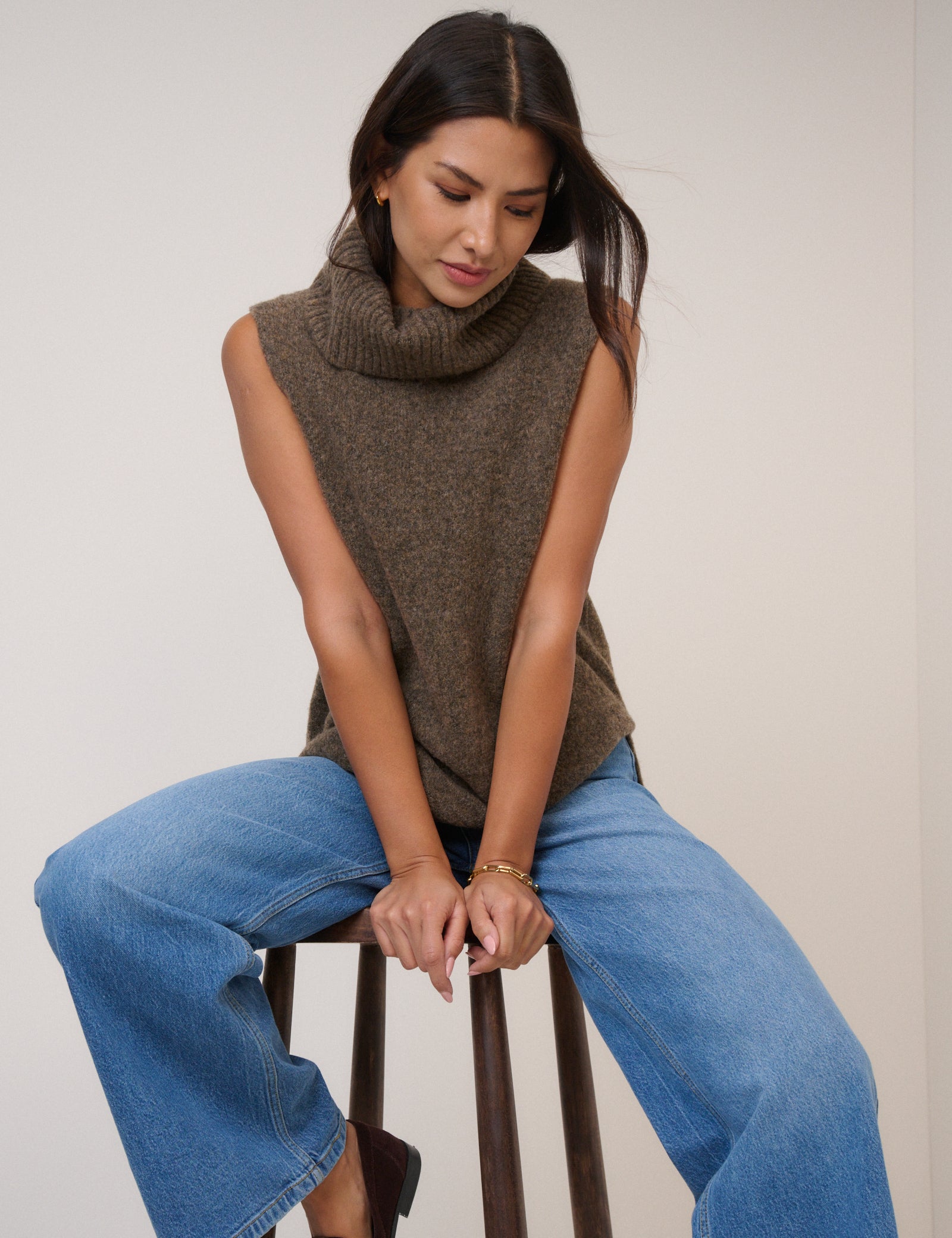 Brown Roll Neck Knitted Vest