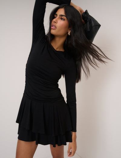Black Long Sleeve Tiered Yuki Jersey Mini Dress