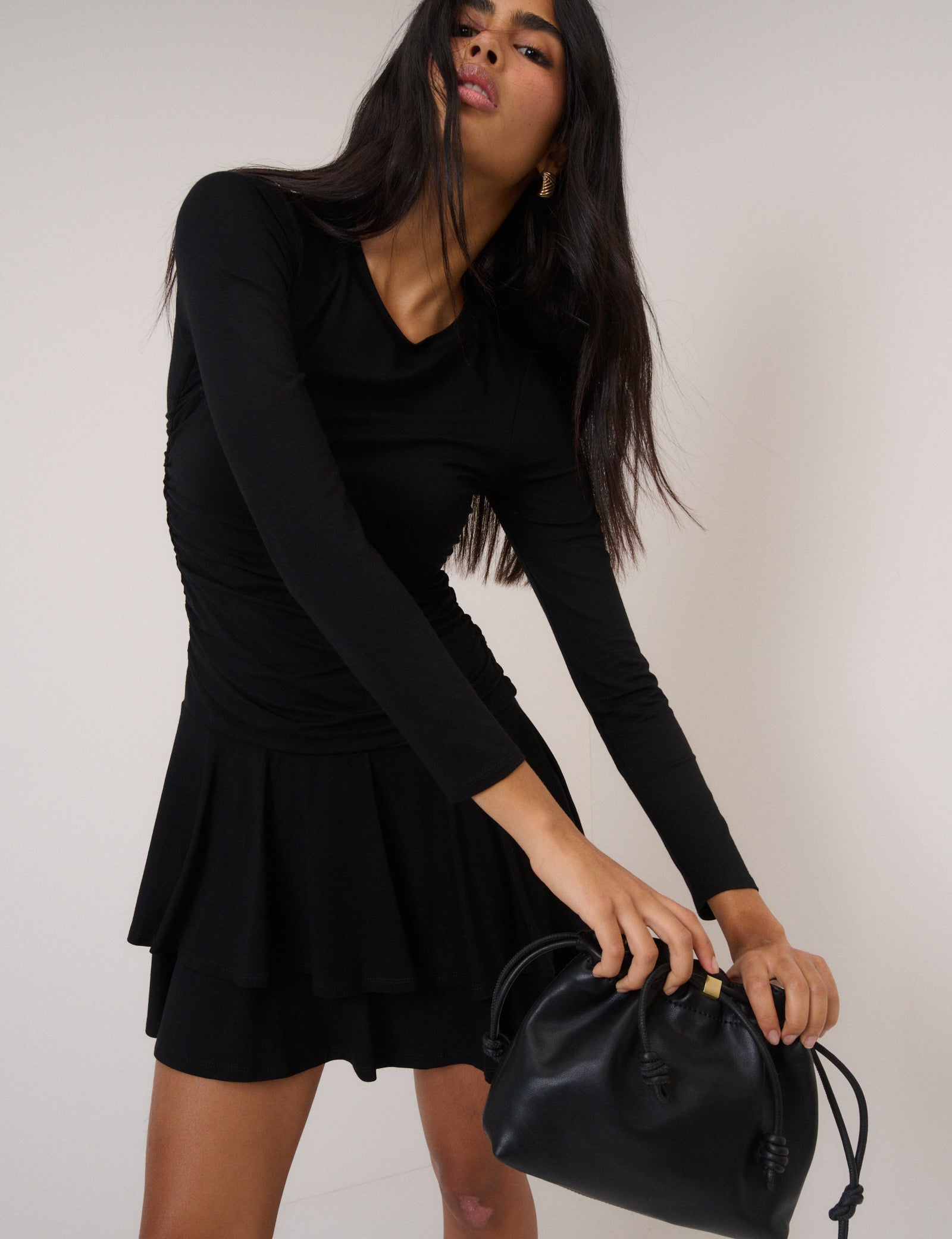 Black Long Sleeve Tiered Yuki Jersey Mini Dress Black Long Sleeve Tiered Yuki Jersey Mini Dress
