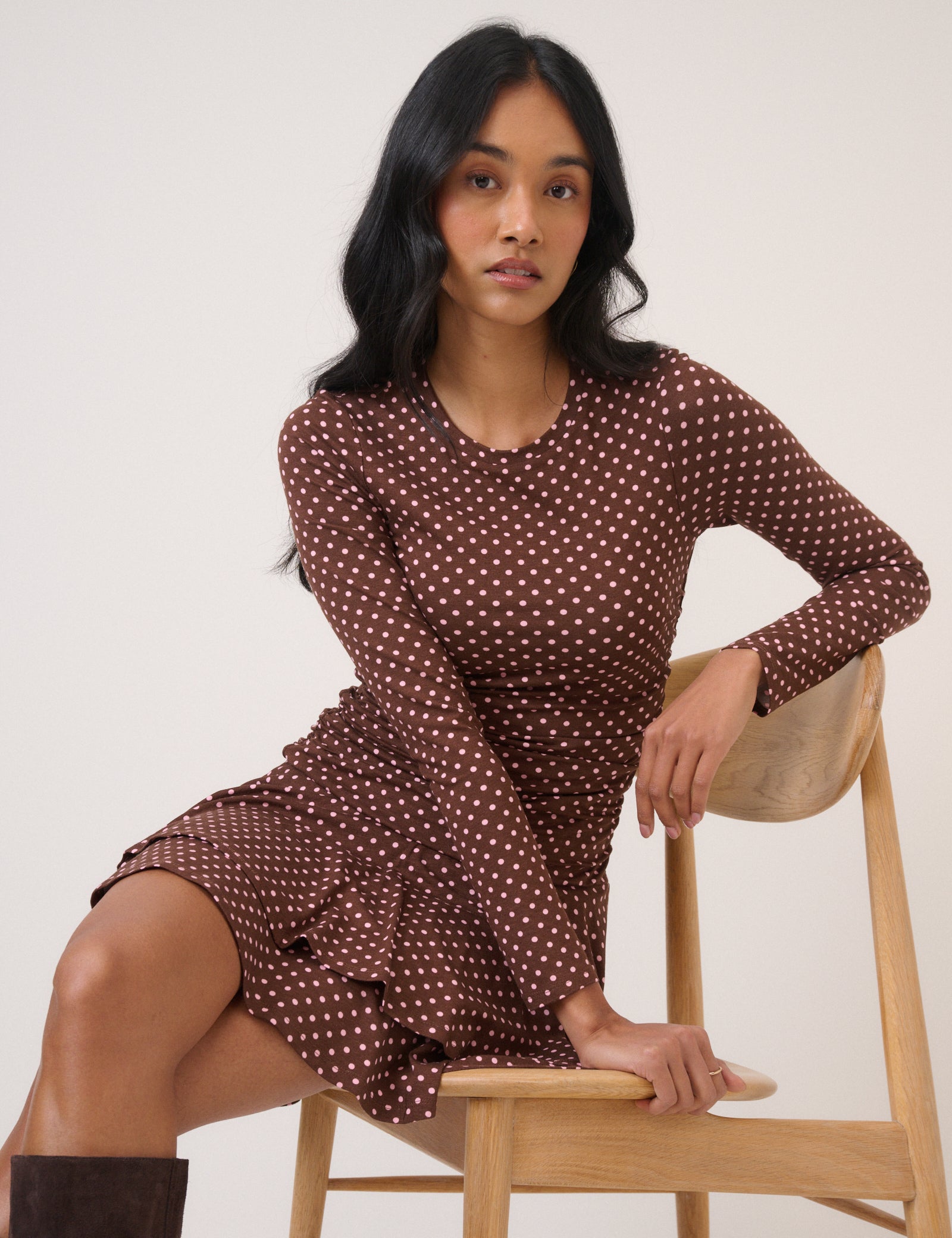 Brown Polka Dot Long Sleeve Yuki Jersey Mini Dress