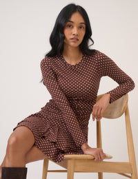 Brown Polka Dot Long Sleeve Yuki Jersey Mini Dress