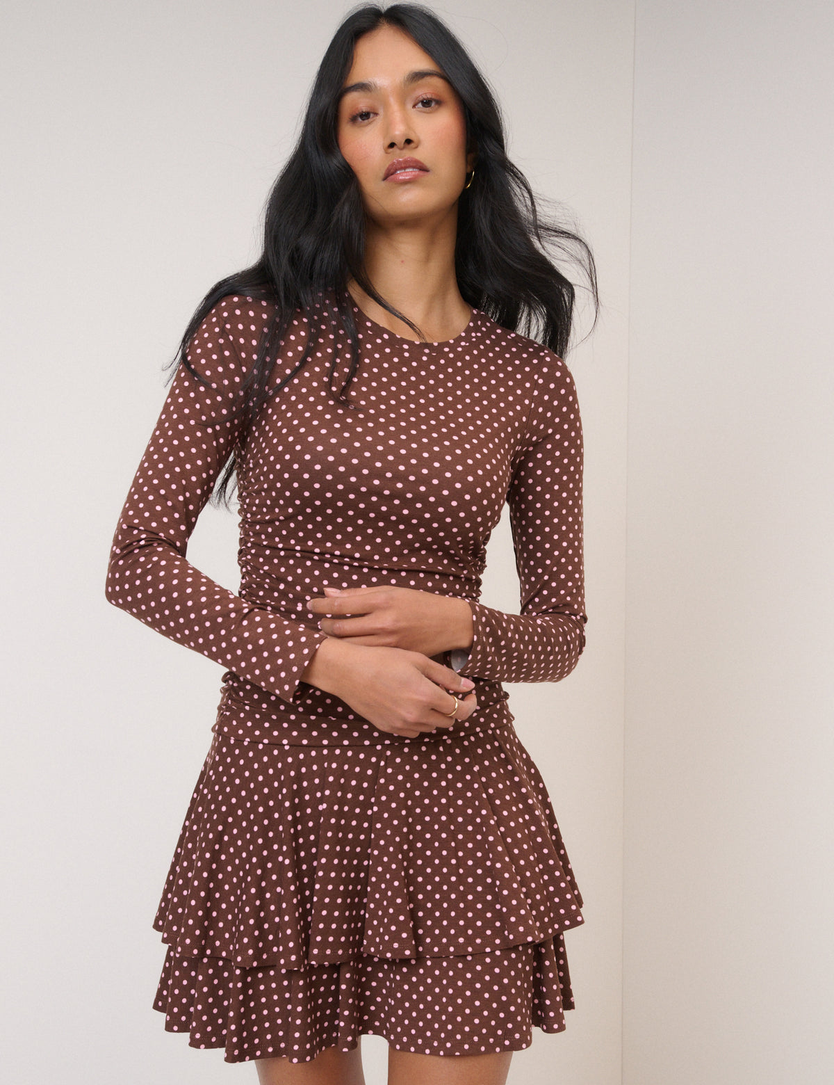 Brown Polka Dot Long Sleeve Yuki Mini Dress