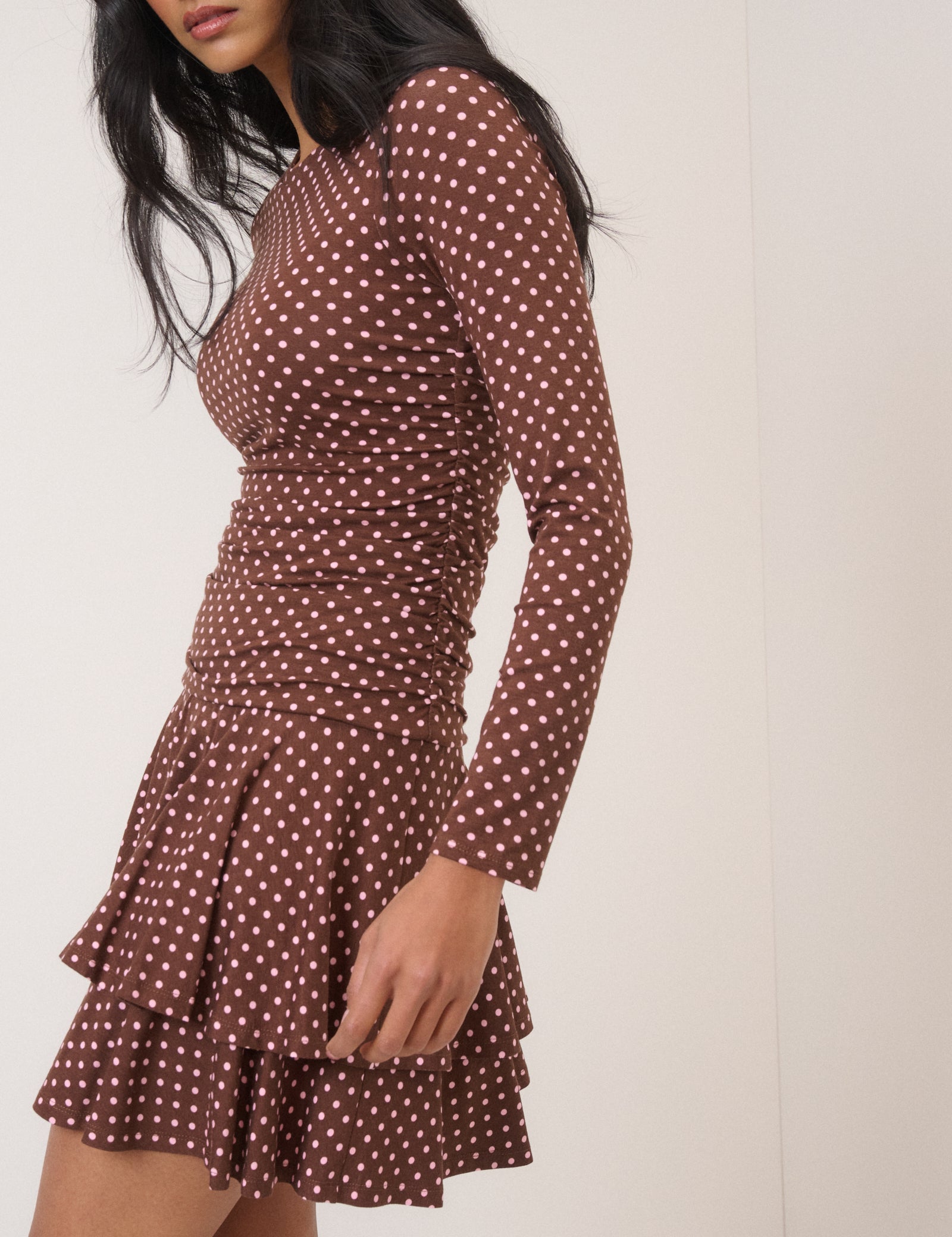 Brown Polka Dot Long Sleeve Yuki Jersey Mini Dress