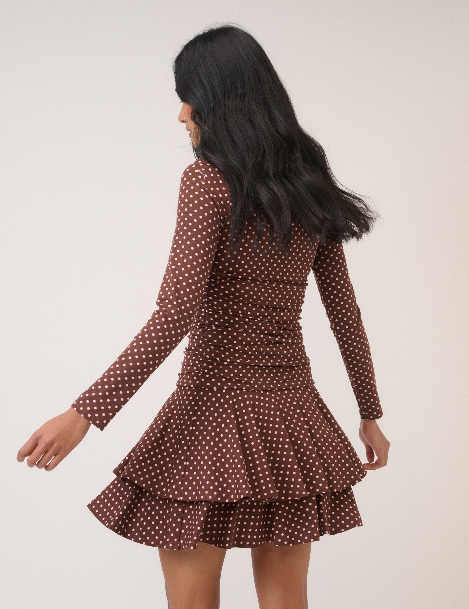 Brown Polka Dot Long Sleeve Yuki Jersey Mini Dress