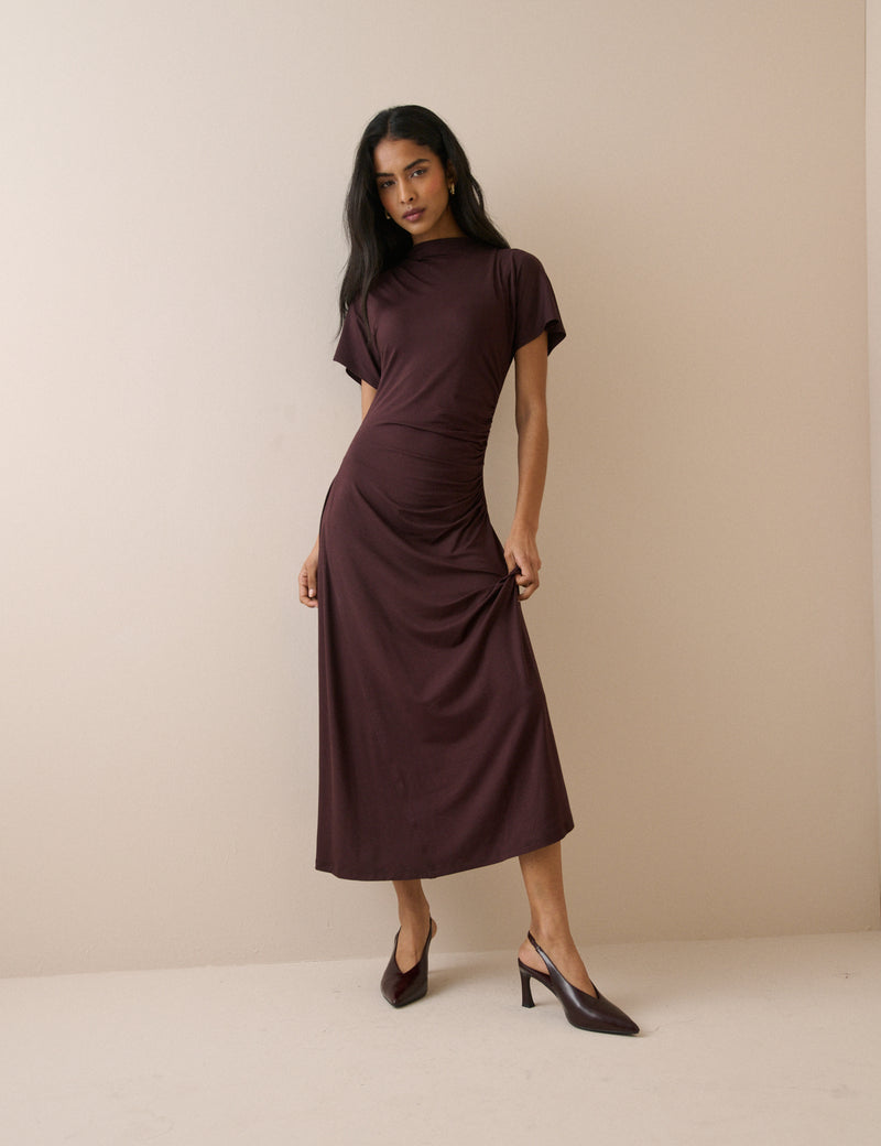 chocolate brown midi dress Salome | Twisted Asymmetric Maternity say hello to Salome Effortlessly chic and absolutely timeless.
