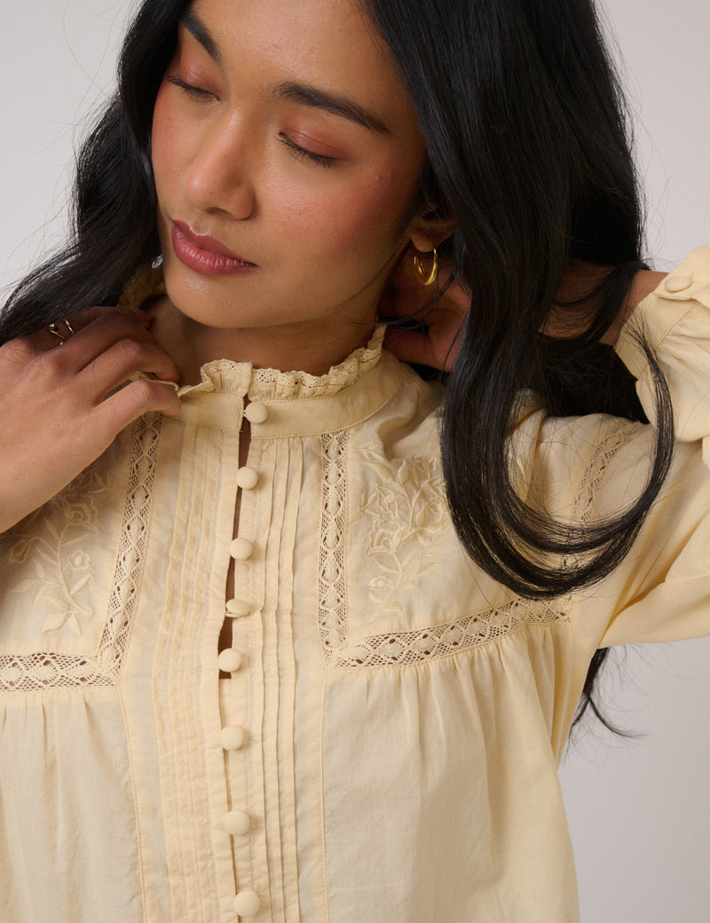 Butter Yellow Floral Embroidered High Neck Blouse