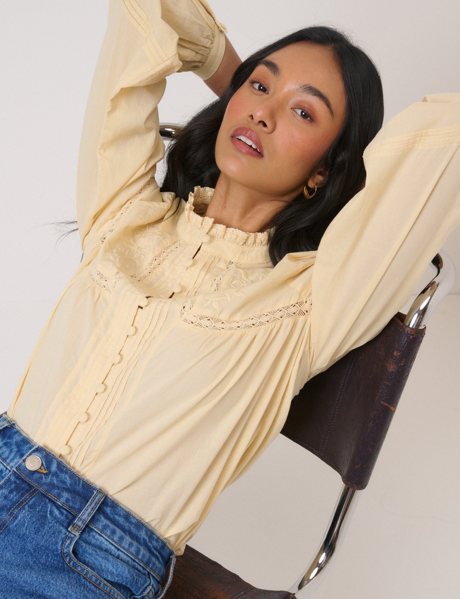 Butter Yellow Floral Embroidered High Neck Blouse