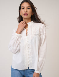 White Floral Embroidered High Neck Blouse