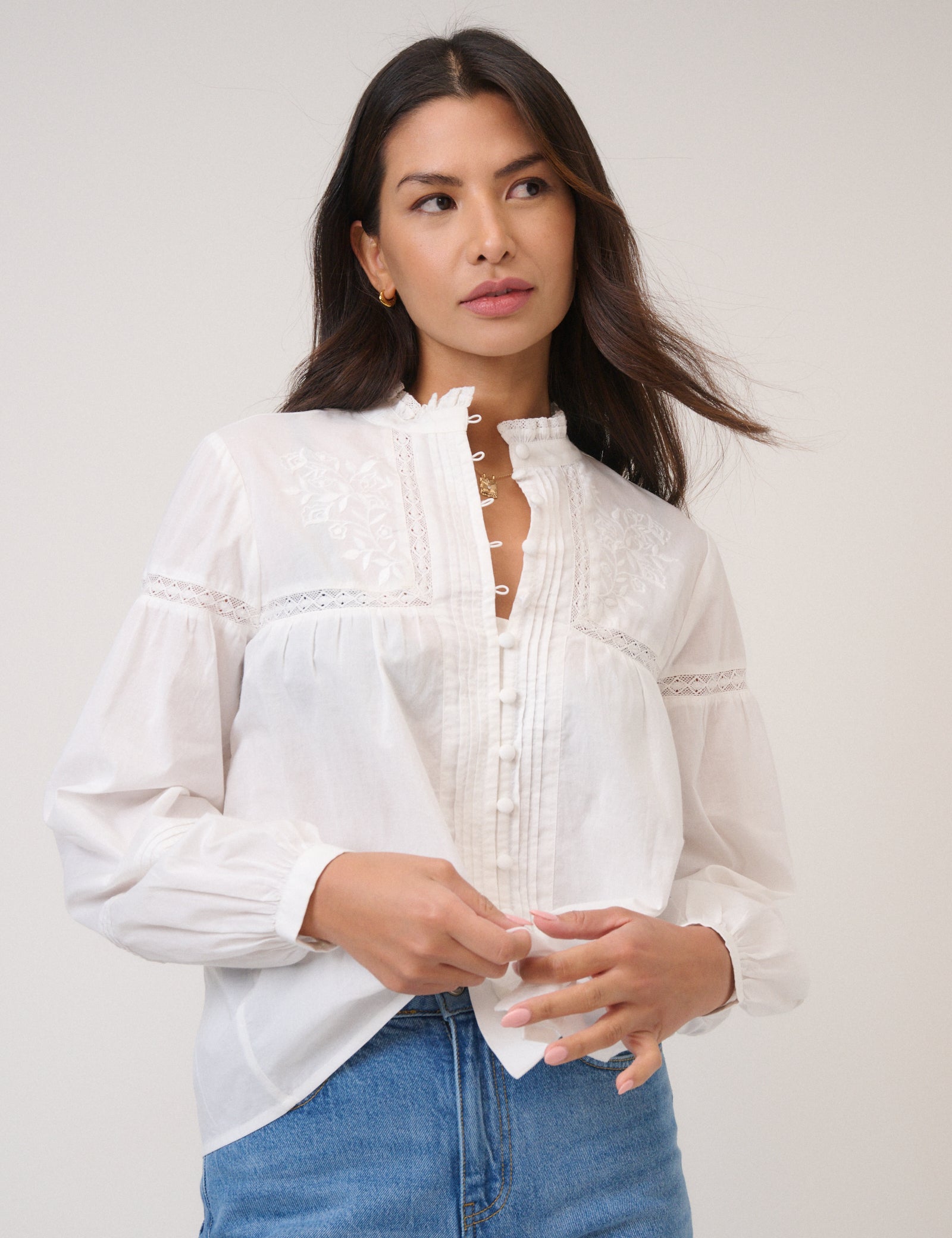 White Floral Embroidered High Neck Blouse