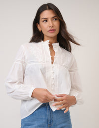 White Floral Embroidered High Neck Blouse