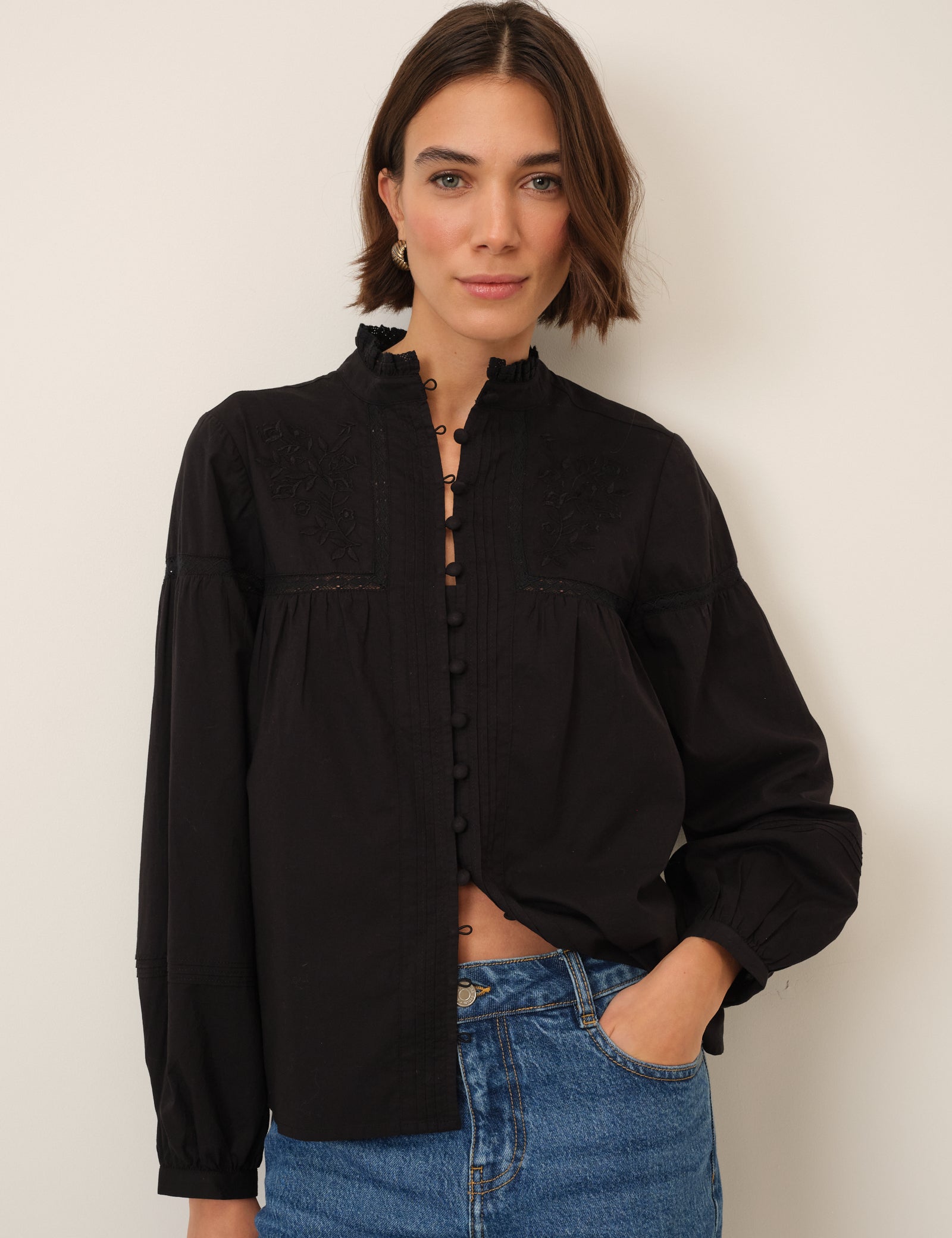 Black Floral Embroidered High Neck Blouse