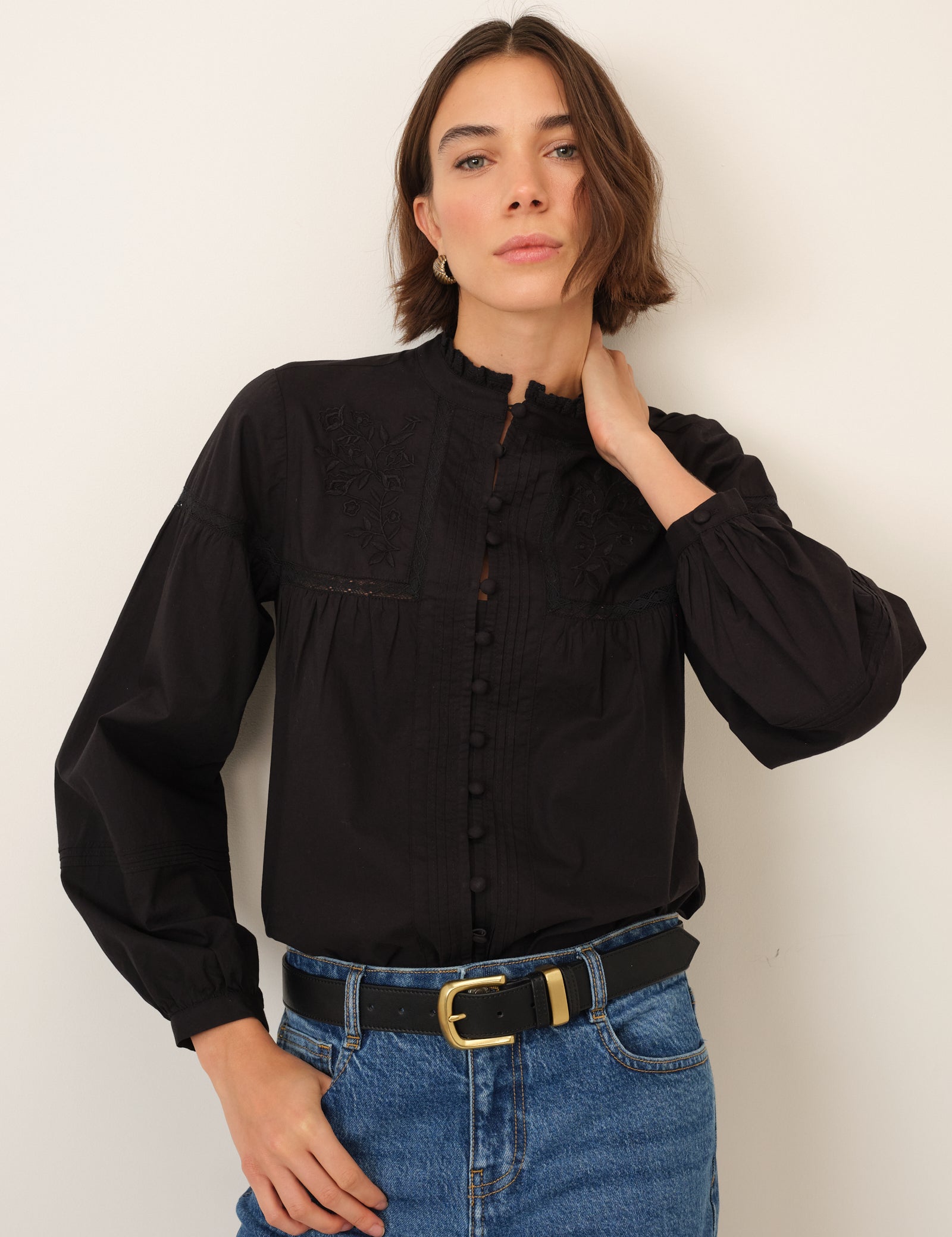 Black Floral Embroidered High Neck Blouse