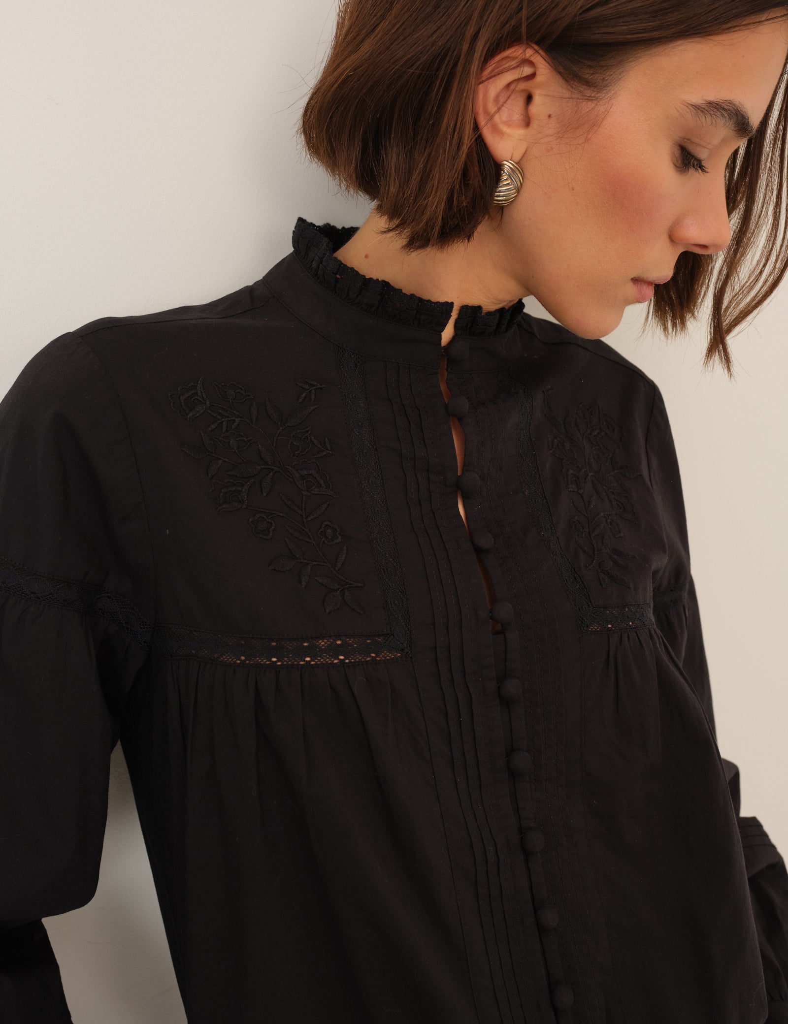 Black Floral Embroidered High Neck Blouse