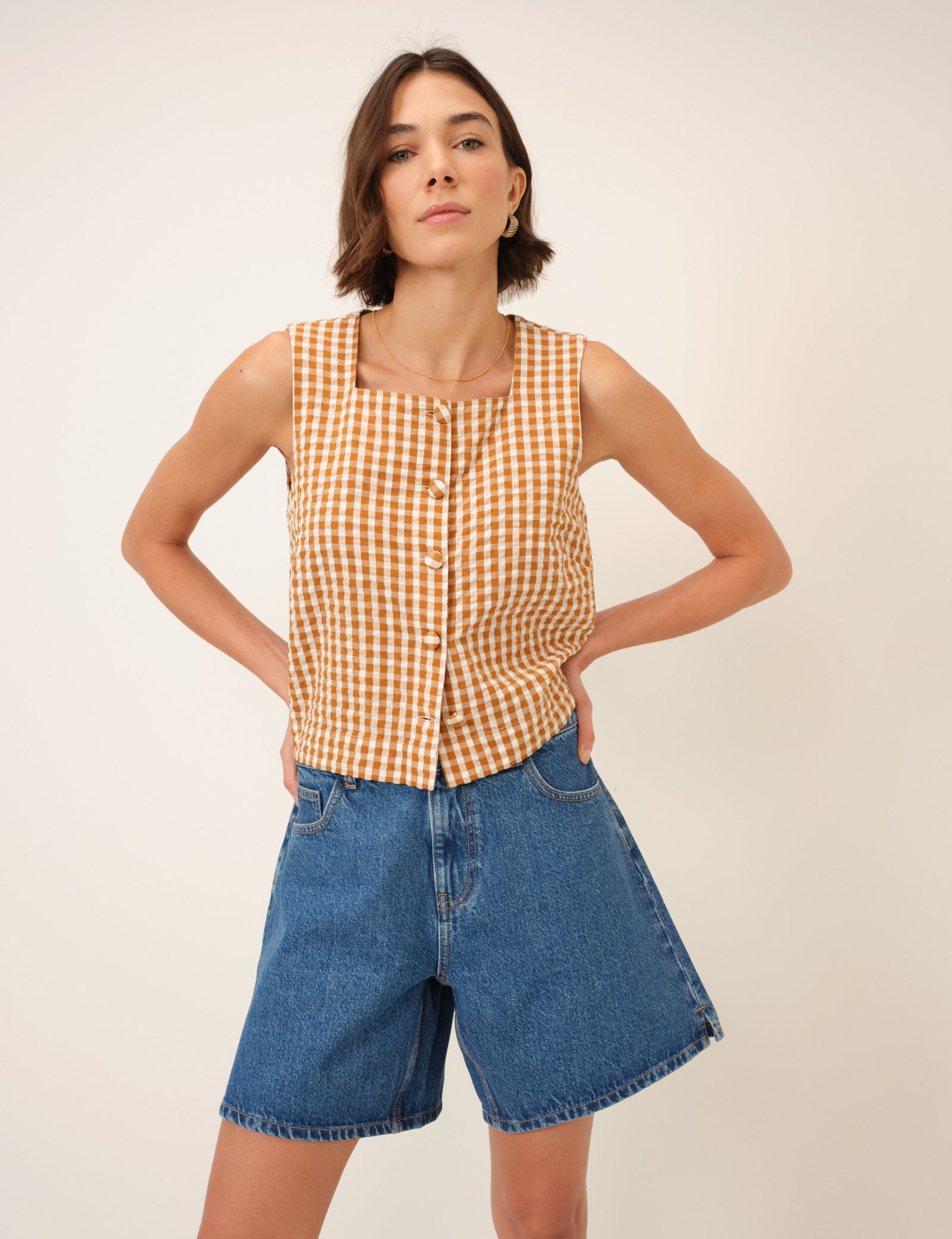 Orange Gingham Button Front Top