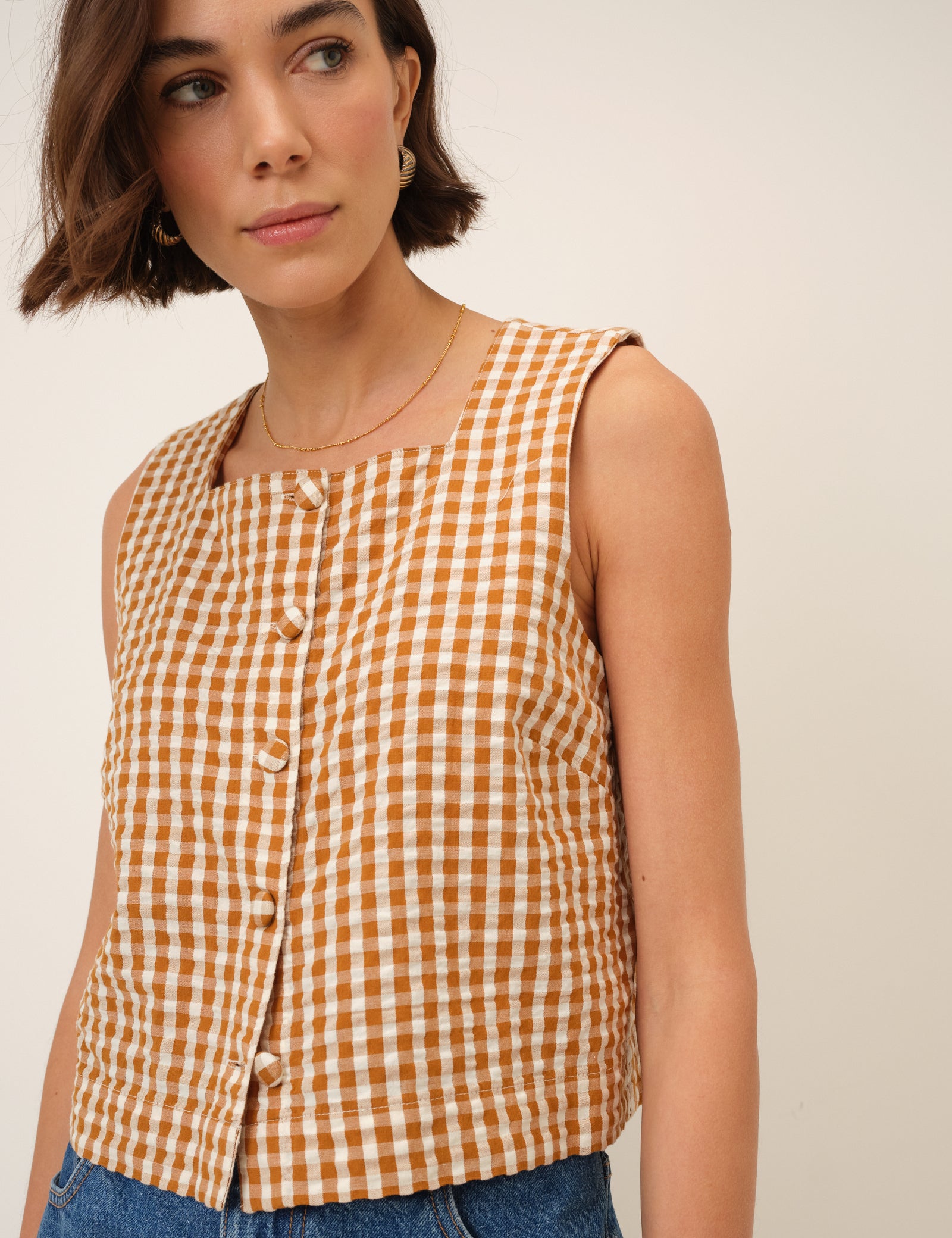 Orange Gingham Button Front Top