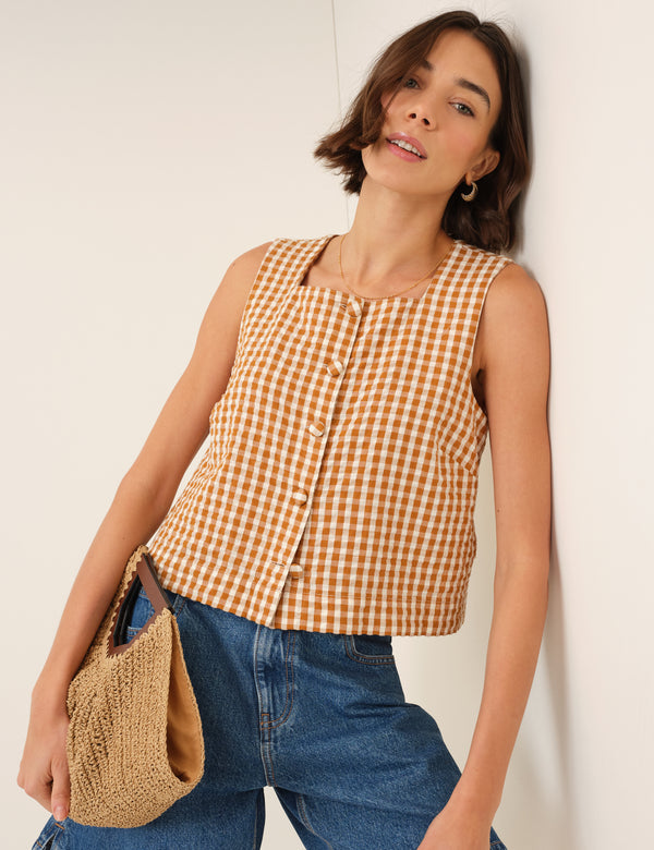 Orange Gingham Button Front Top
