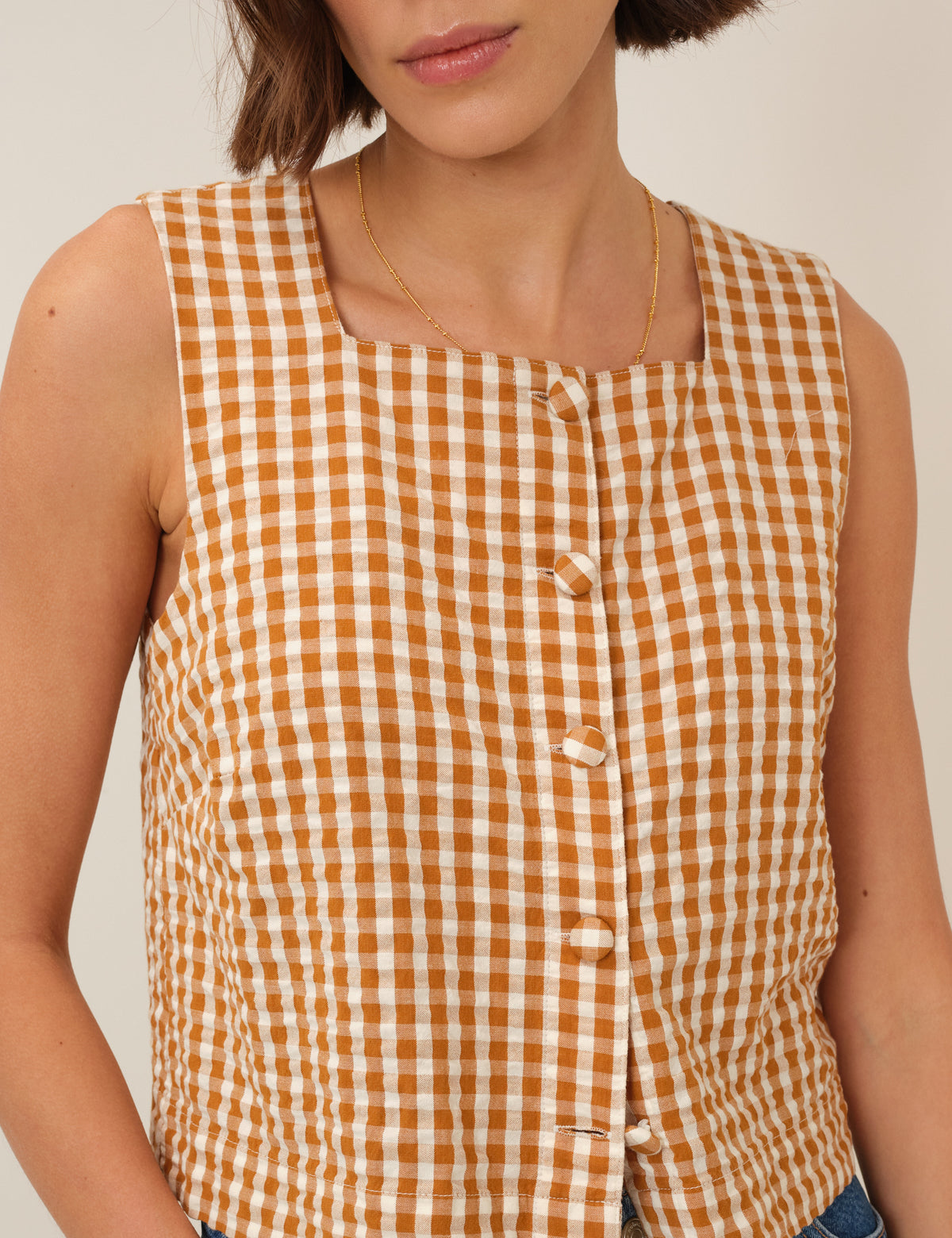 Orange Gingham Button Front Top