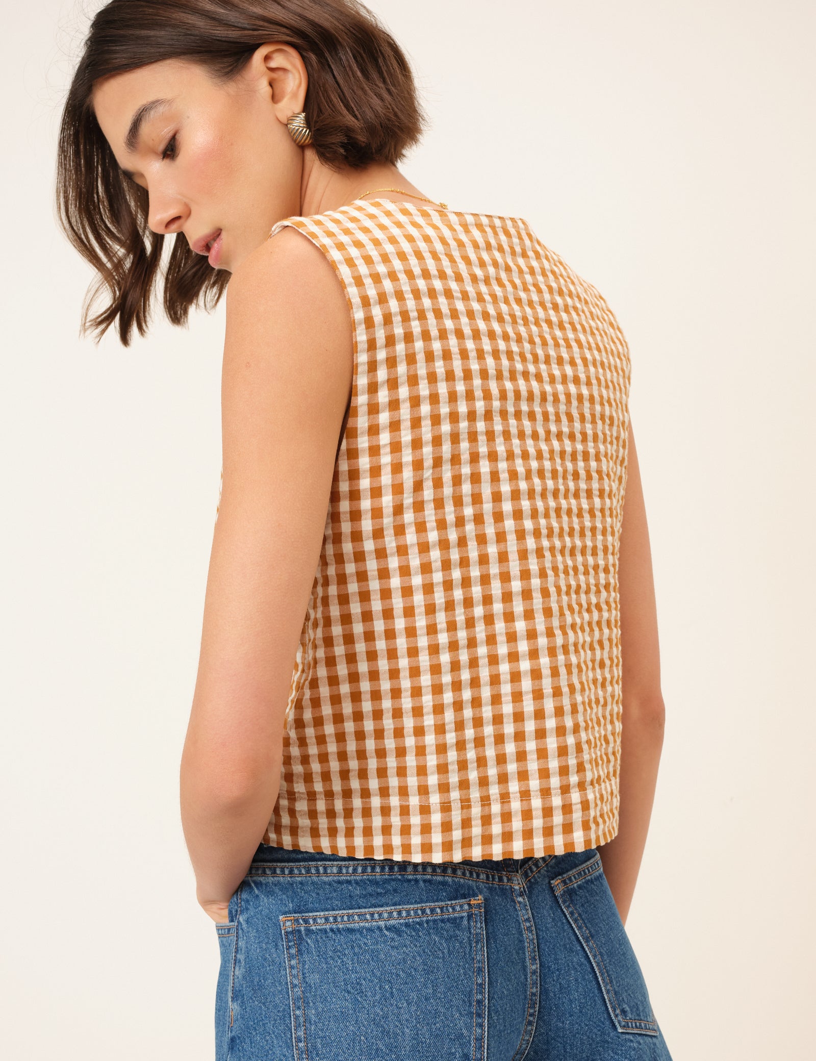 Orange Gingham Button Front Top
