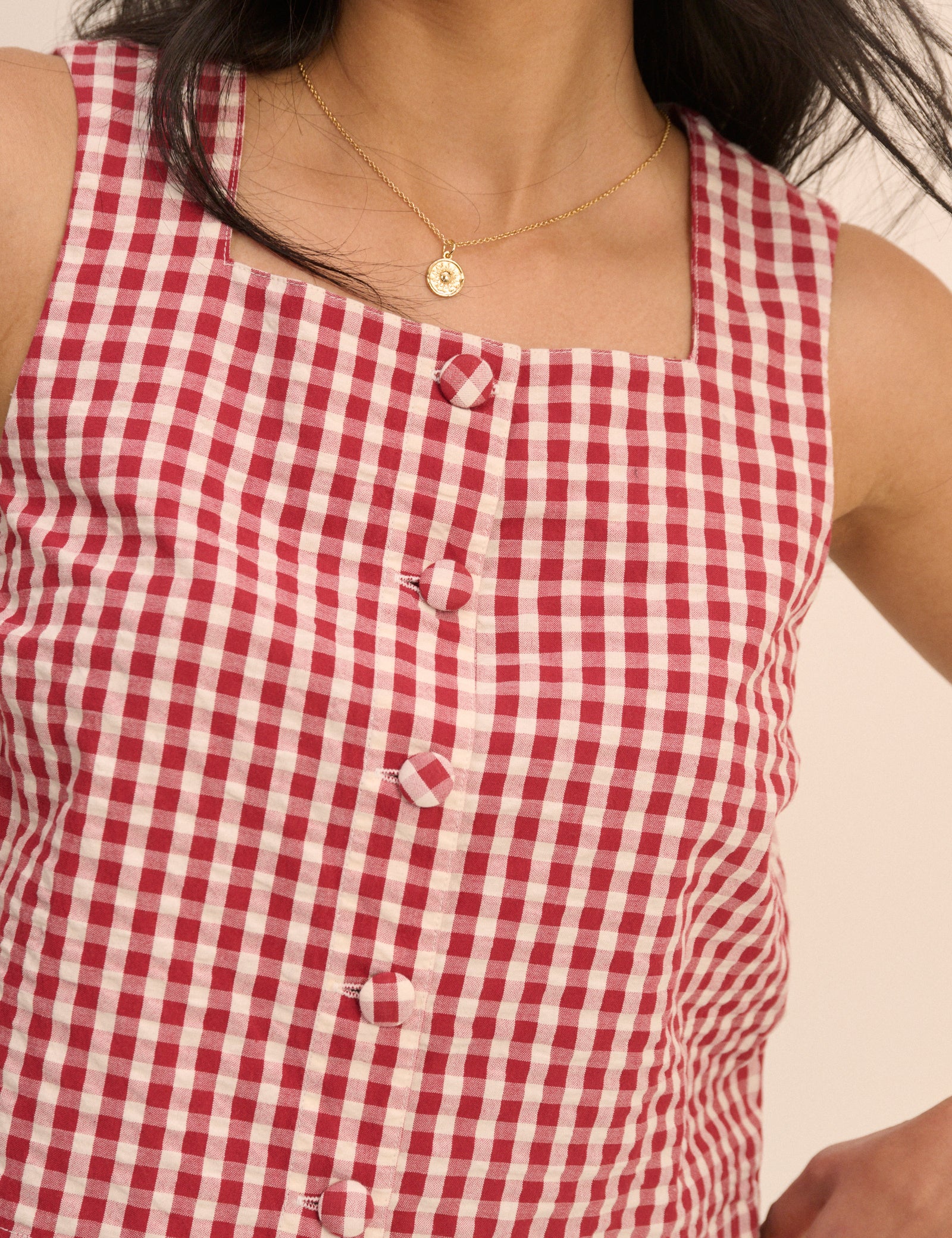 Red Gingham Button Front Top