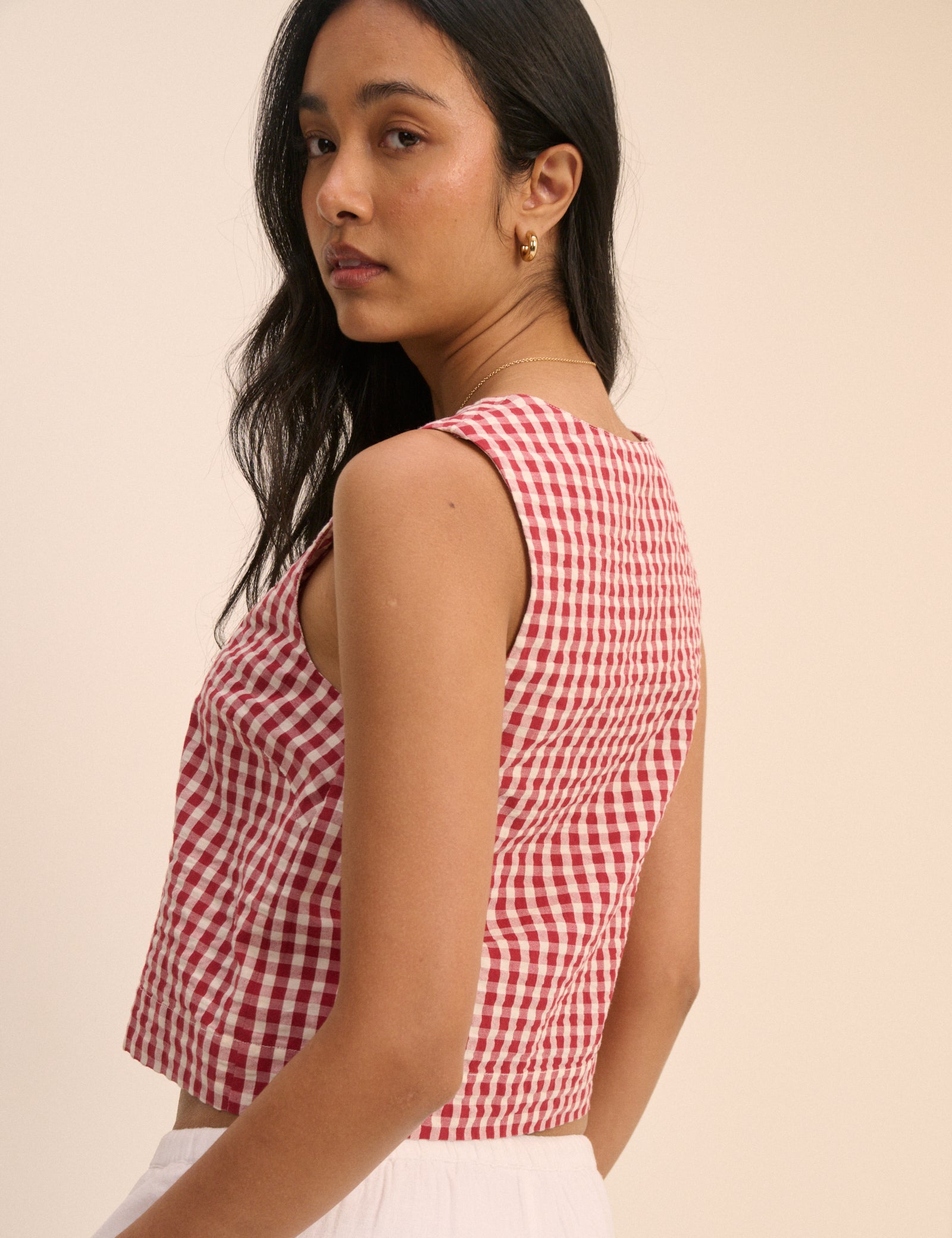 Red Gingham Button Front Top