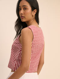 Red Gingham Button Front Top