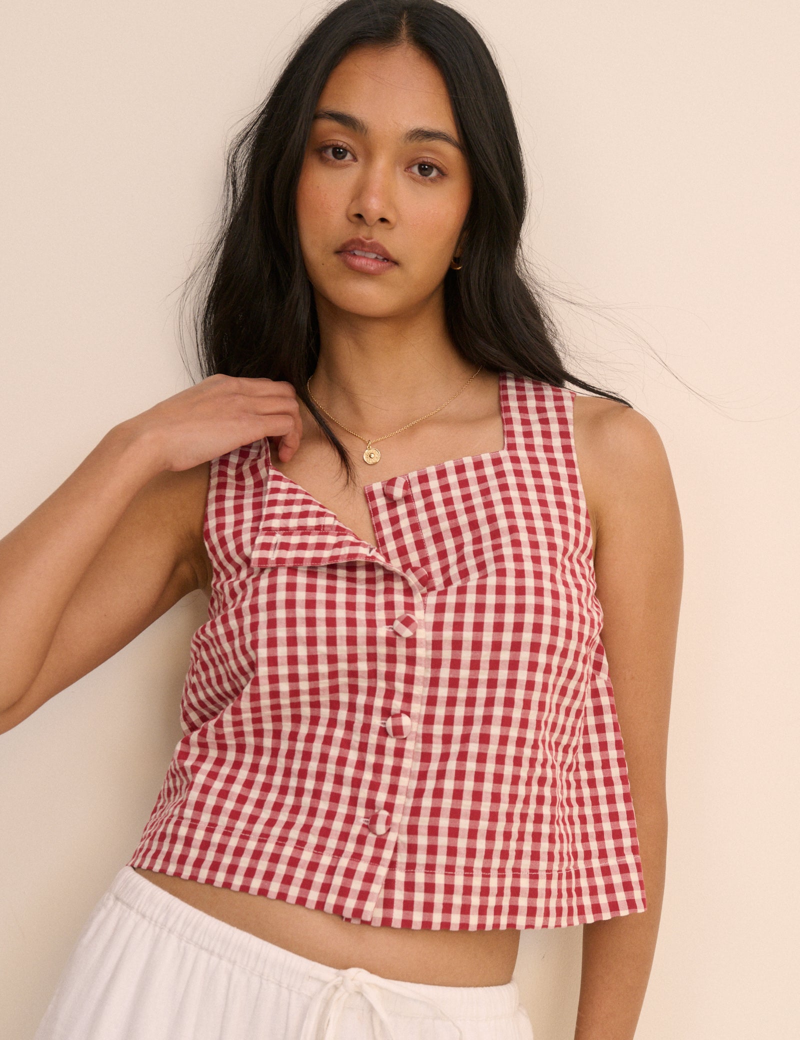 Red Gingham Button Front Top
