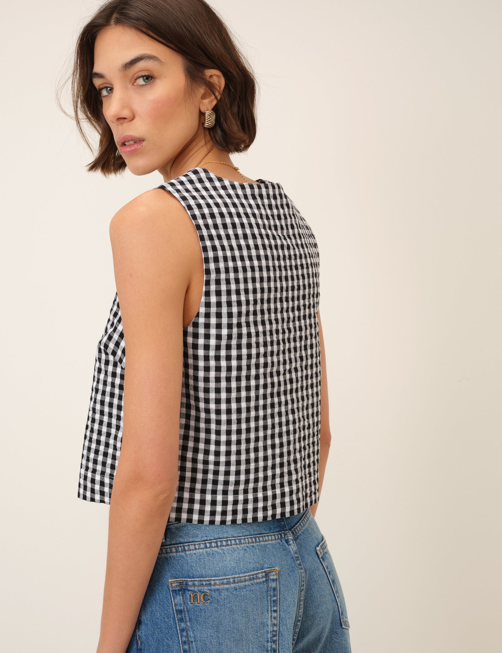 Black Gingham Button Front Top