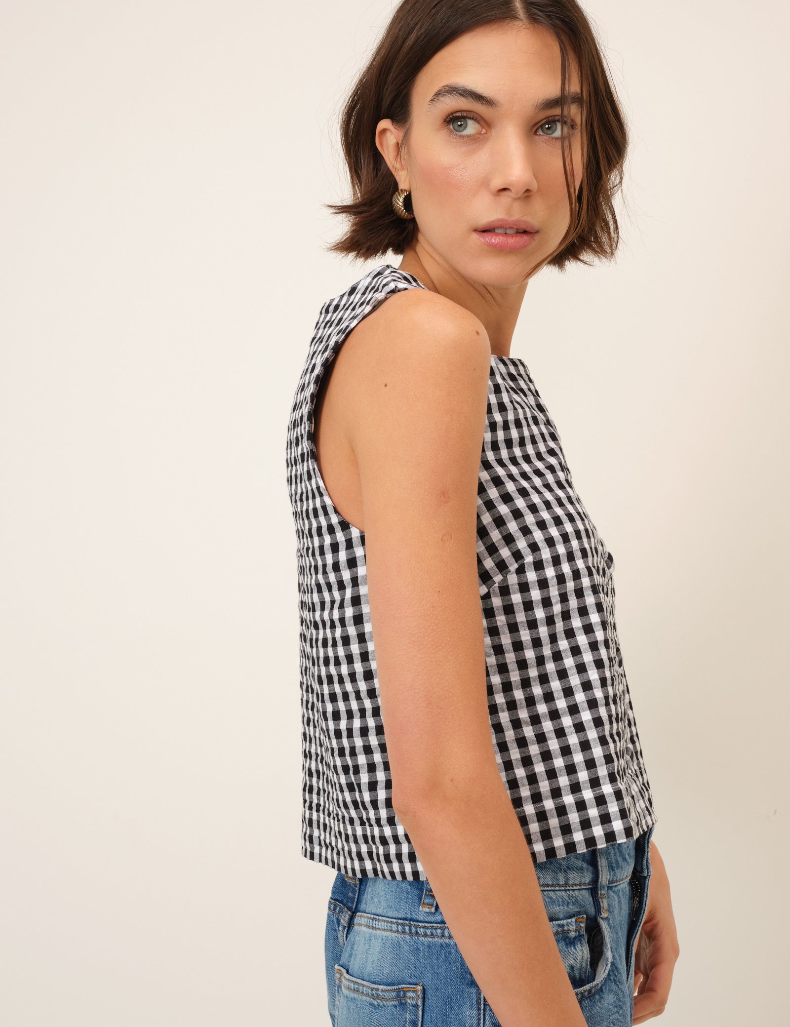Black Gingham Button Front Top