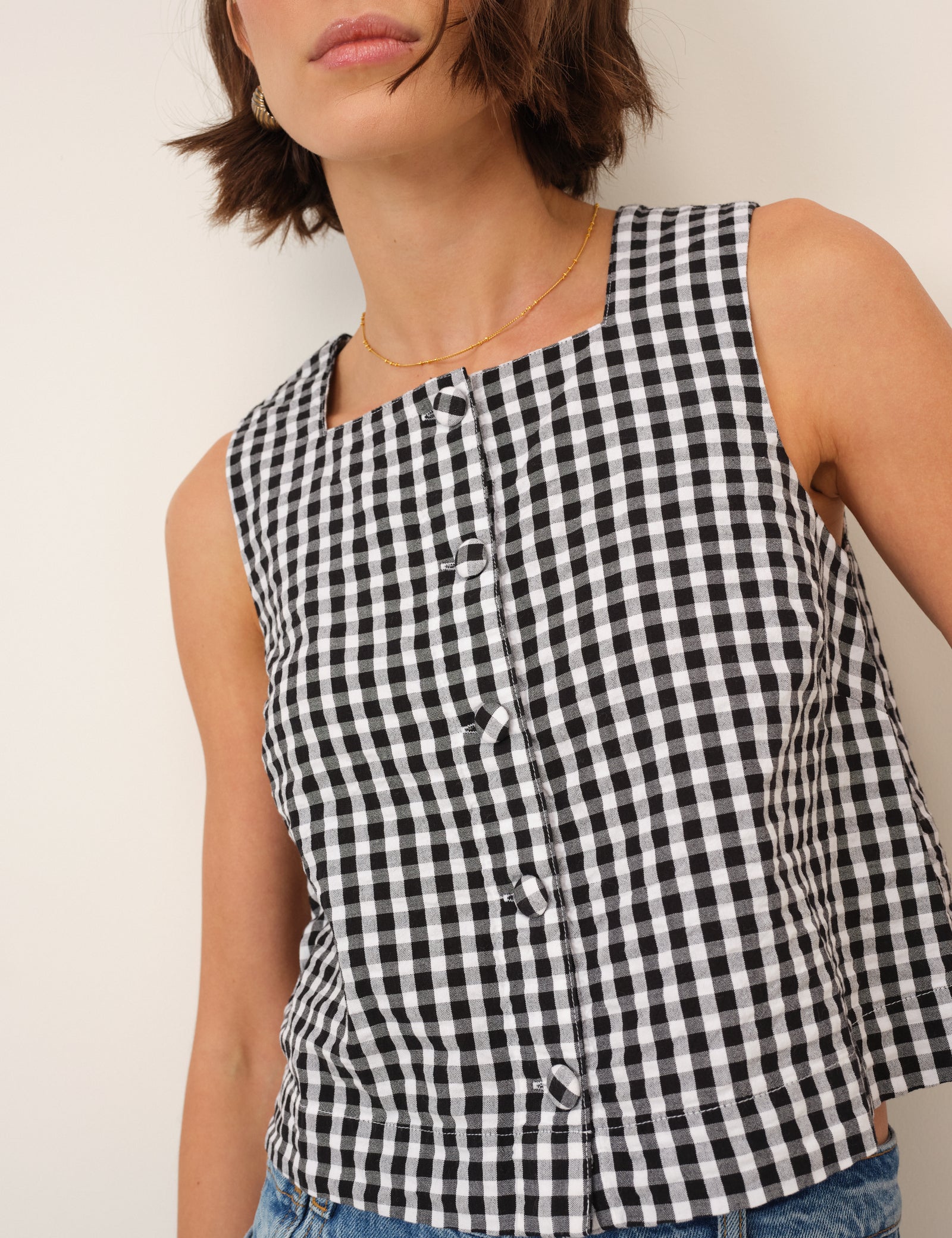 Black Gingham Button Front Top