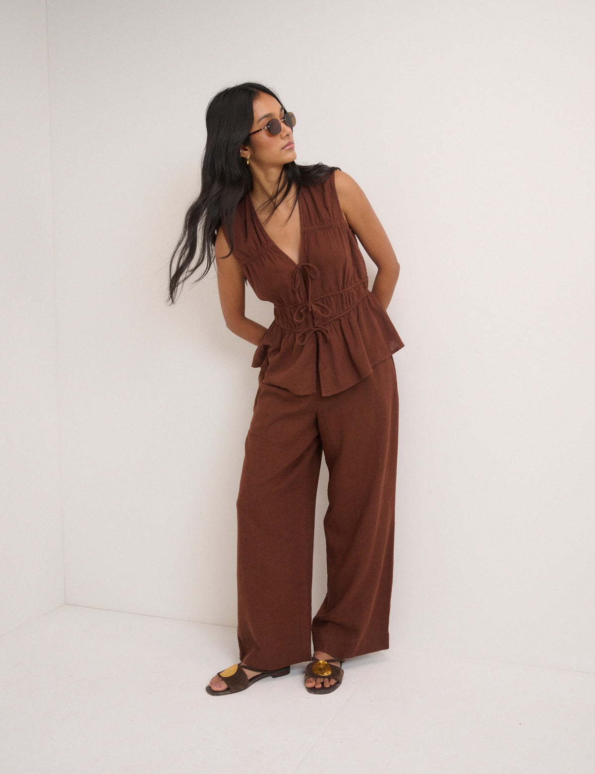 Brown Cordie Ruched Tie Front Linen-Blend Top