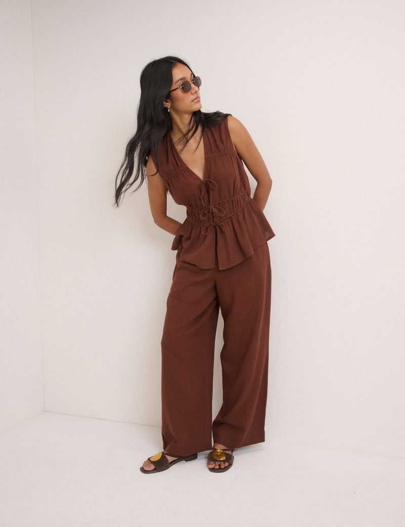 Brown Cordie Ruched Tie Front Linen-Blend Top