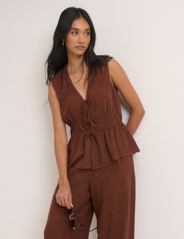 Brown Cordie Ruched Tie Front Top