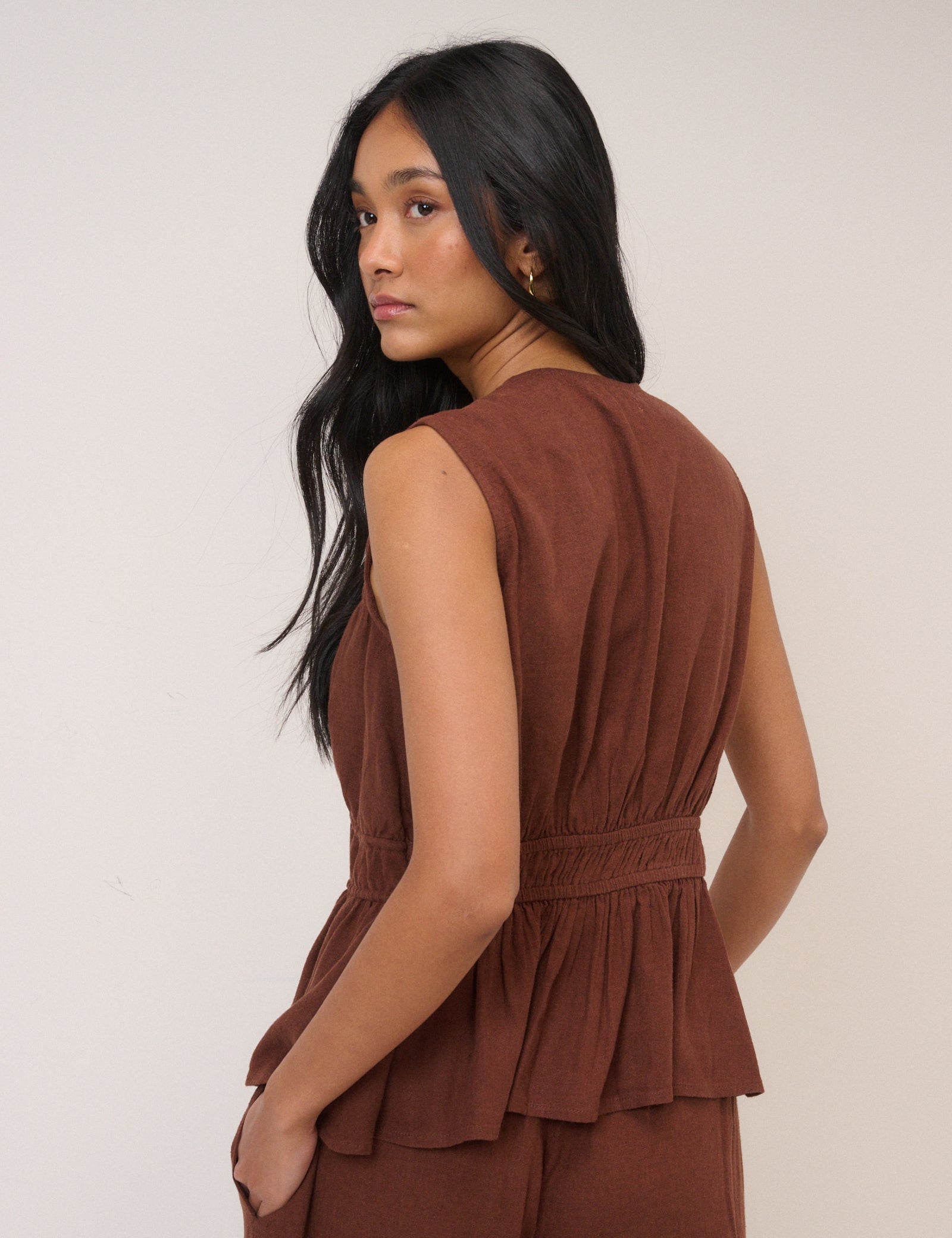 Brown Cordie Ruched Tie Front Top