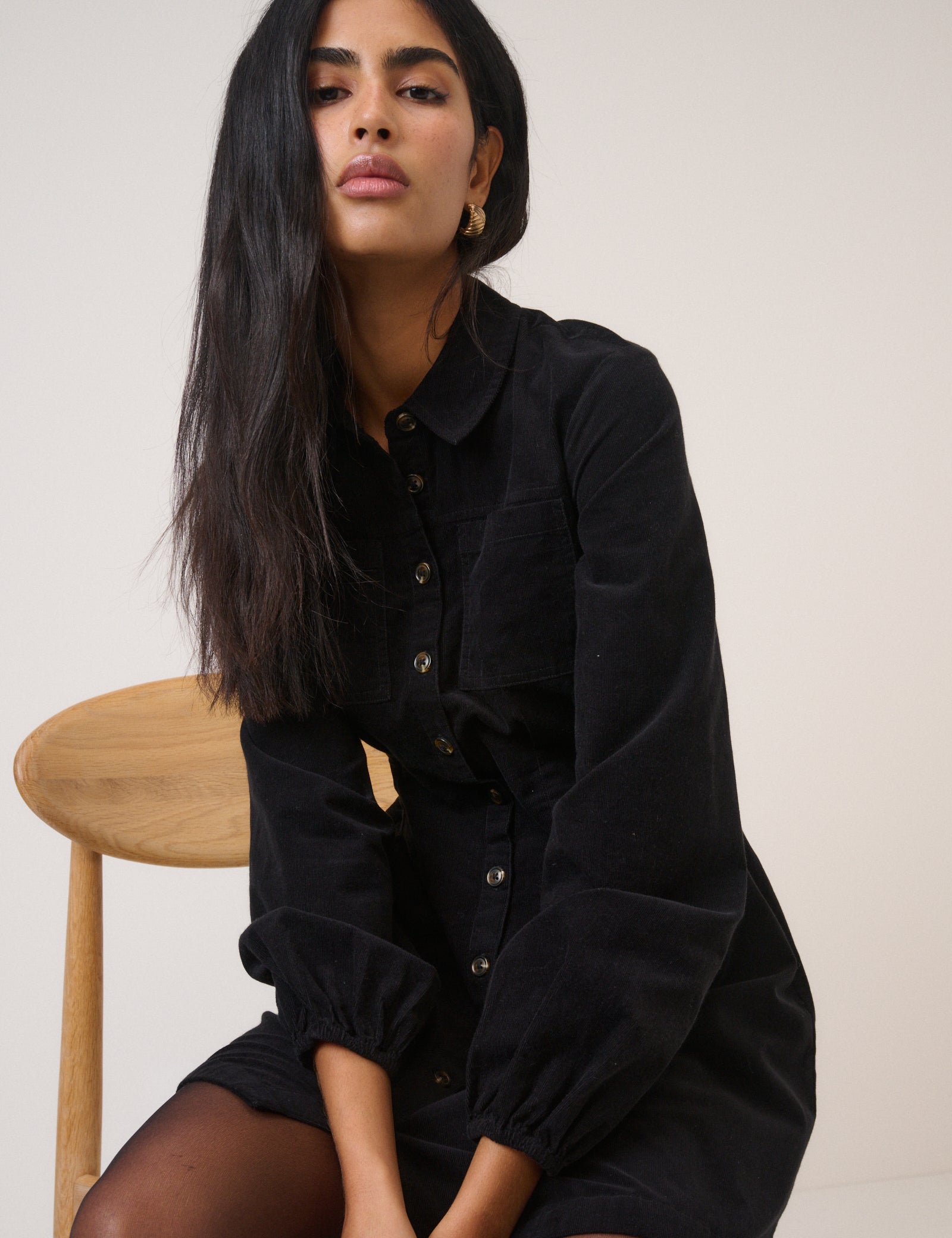 Black Cord Long Sleeve Montego Mini Dress