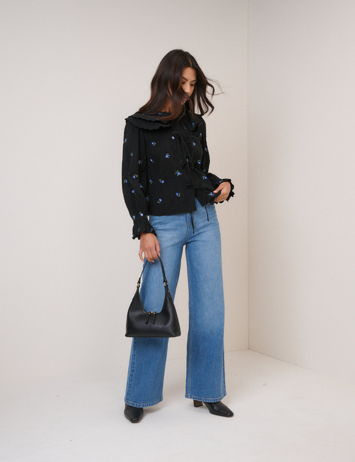 Navy Floral Embroidered Tie Front Top