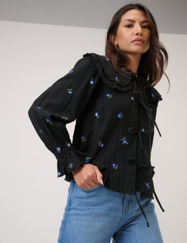 Navy Floral Embroidered Tie Front Top