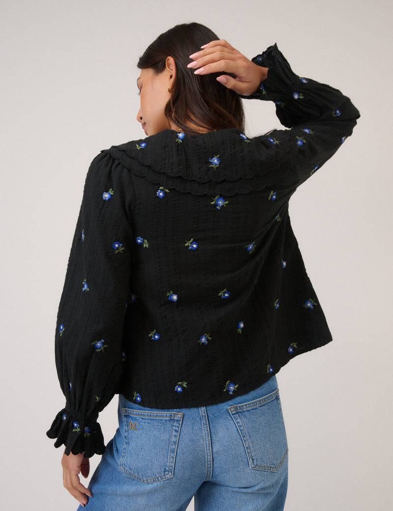 Navy Floral Embroidered Tie Front Top
