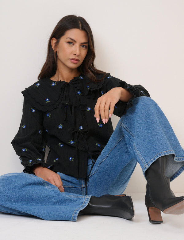 Navy Floral Embroidered Tie Front Top