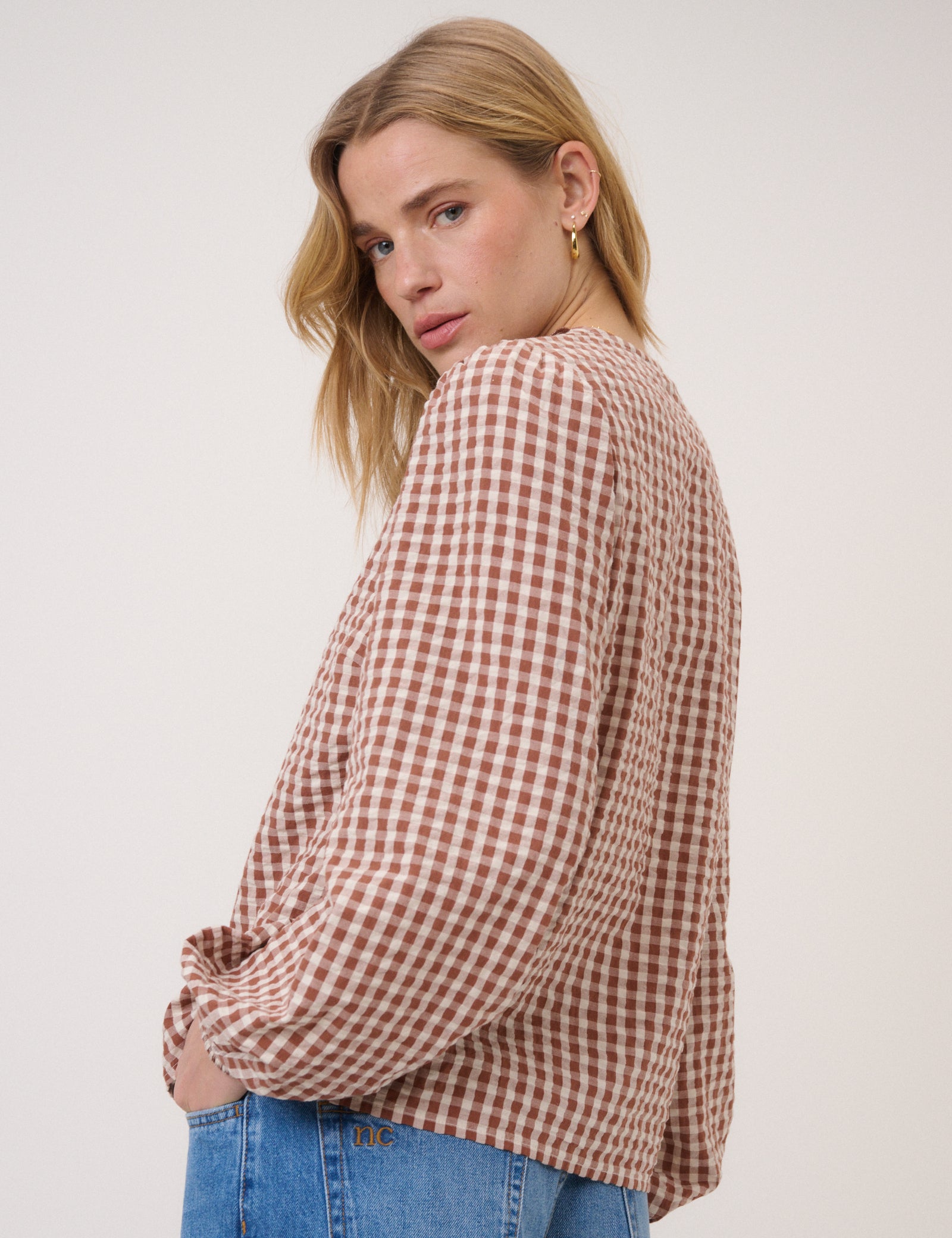 Brown Gingham Embroidered Floral Collar Blouse