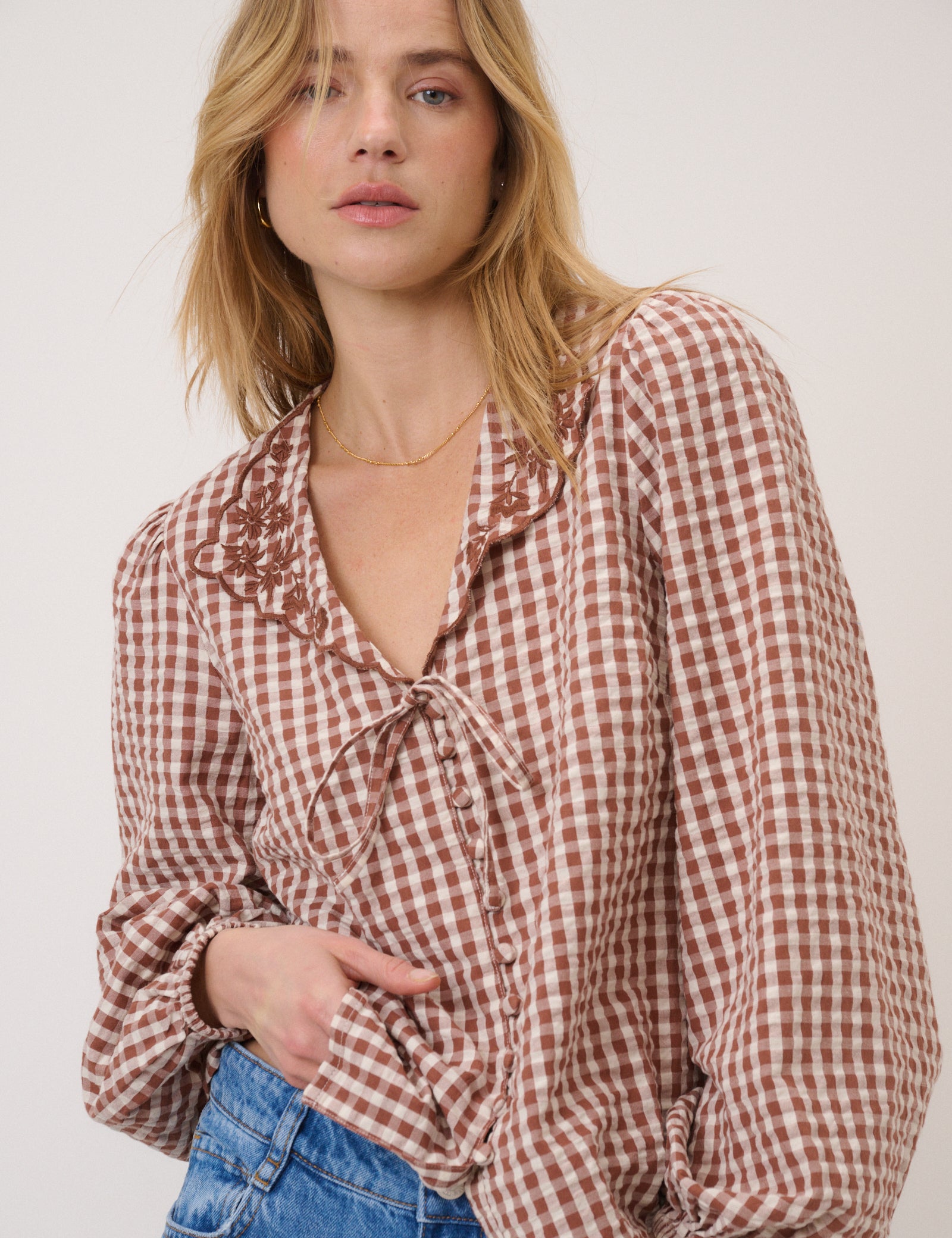 Brown Gingham Embroidered Floral Collar Blouse