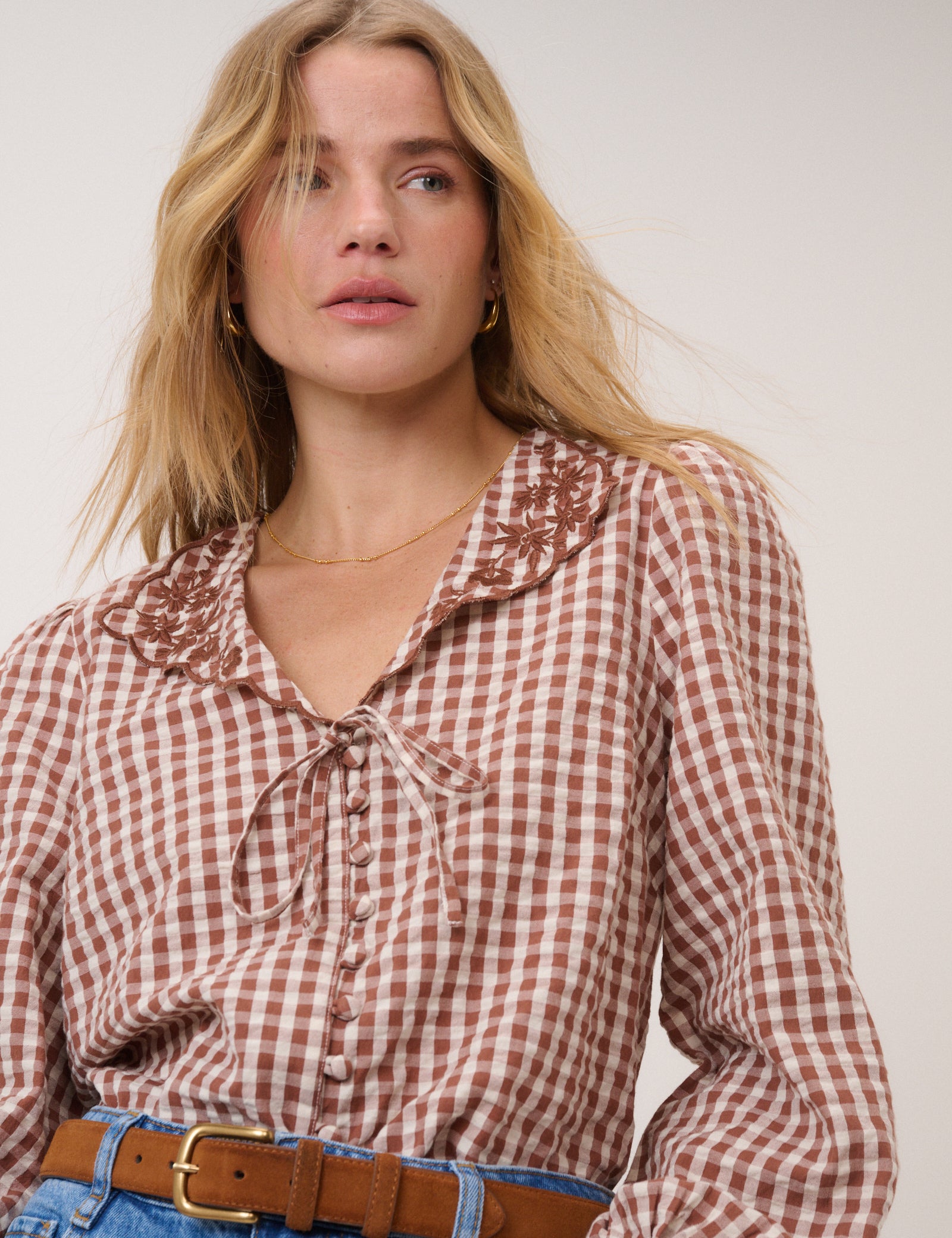 Brown Gingham Embroidered Floral Collar Blouse