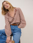 Brown Gingham Embroidered Floral Collar Blouse