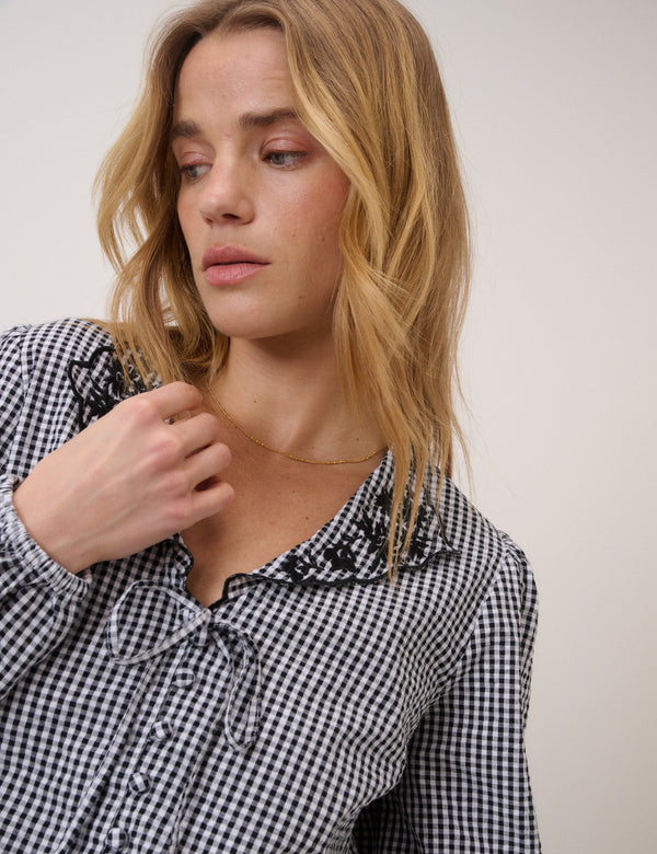 Black Gingham Embroidered Floral Collar Blouse