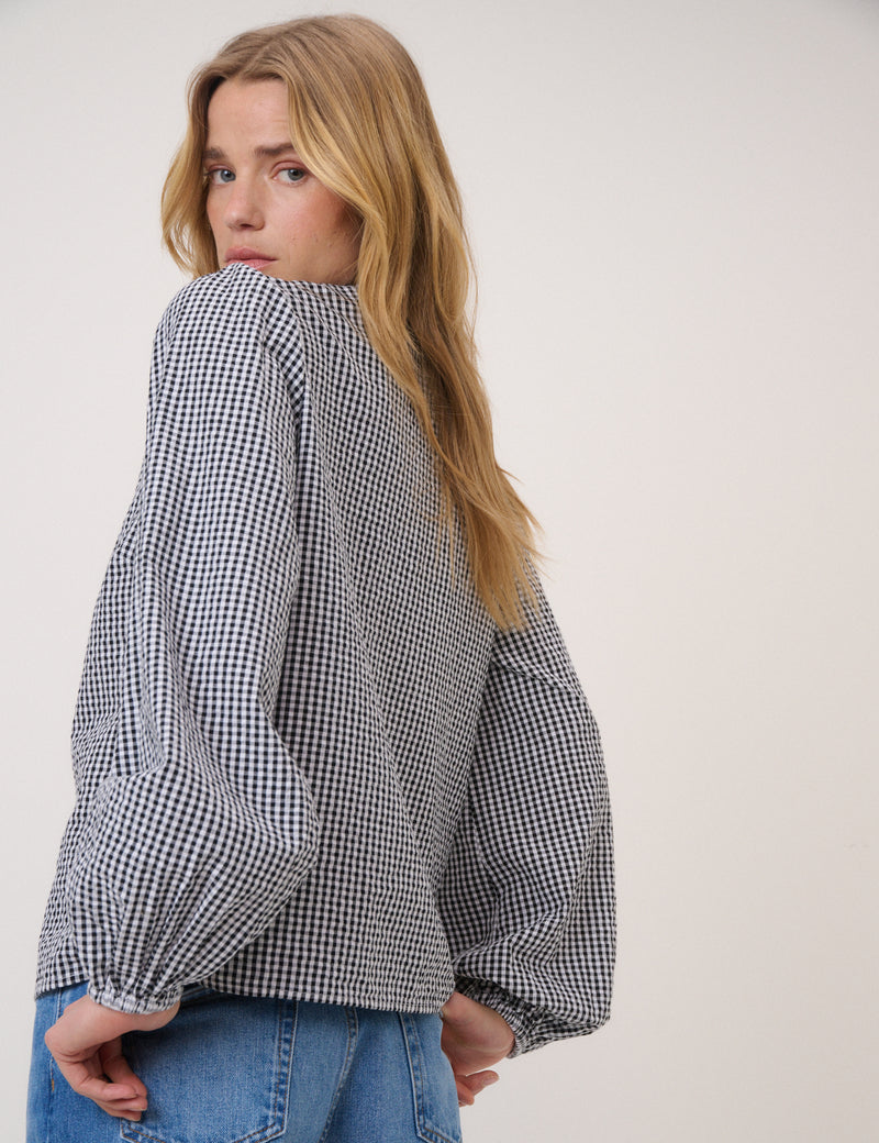 Black Gingham Embroidered Floral Collar Blouse