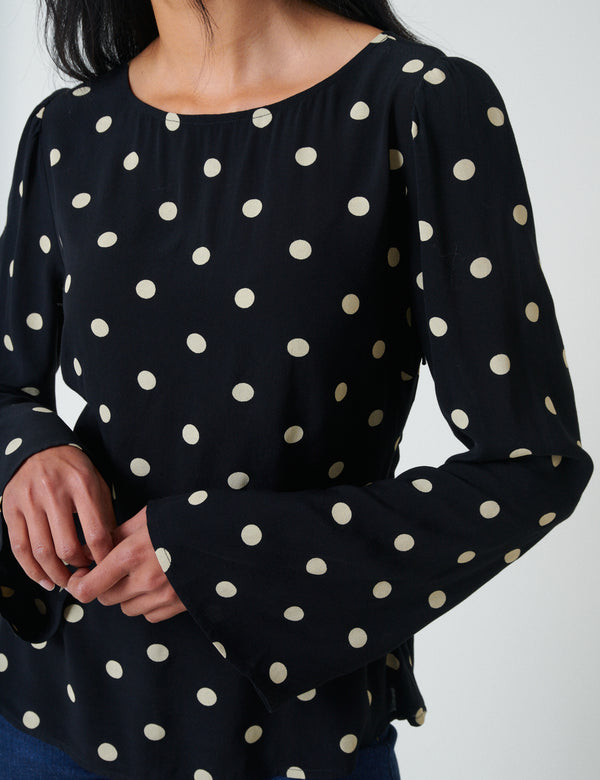 Black Polka Dot Flute Sleeve Blouse