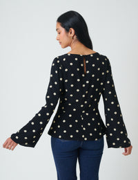 Black Polka Dot Flute Sleeve Blouse