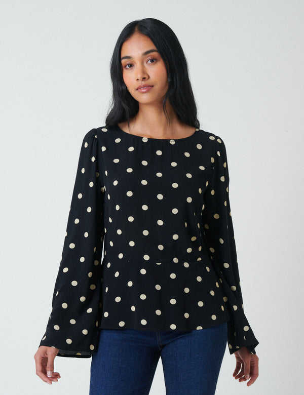 Black Polka Dot Flute Sleeve Blouse