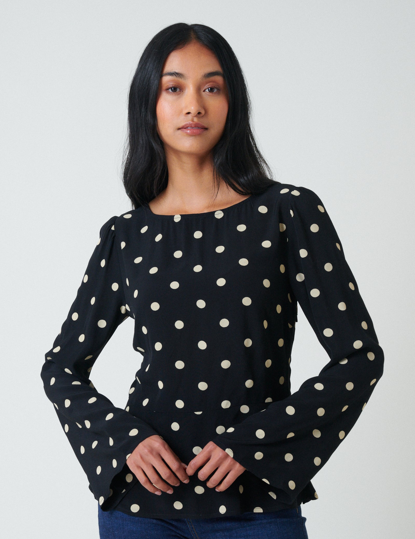 Black Polka Dot Flute Sleeve Blouse