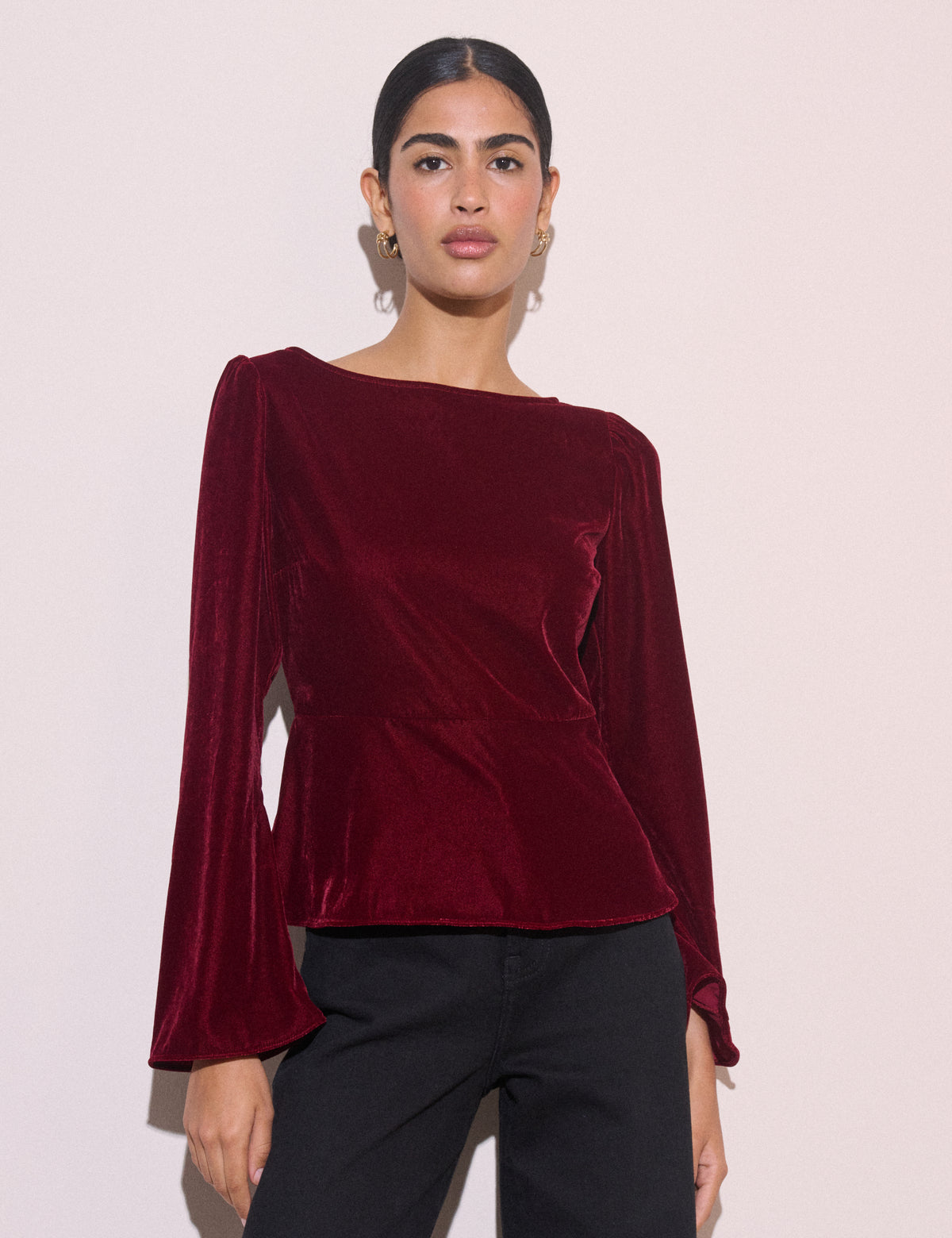 Burgundy Fluted Sleeve Velvet Eva Top